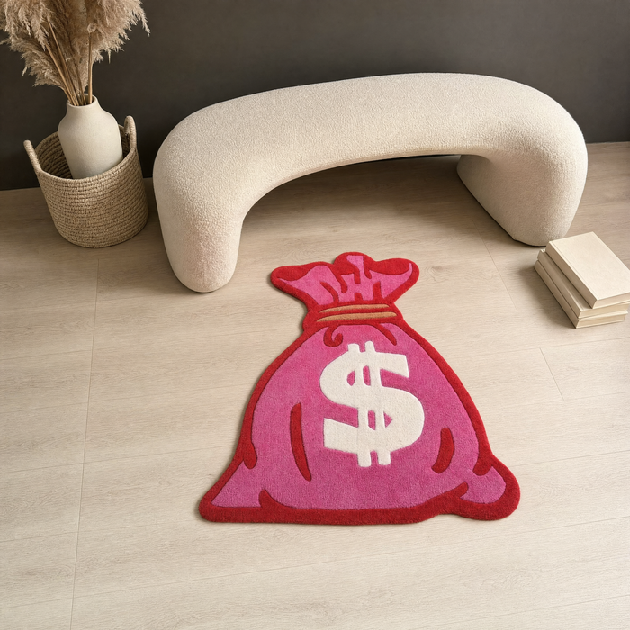 Pink Money Rug - scale shot with bench