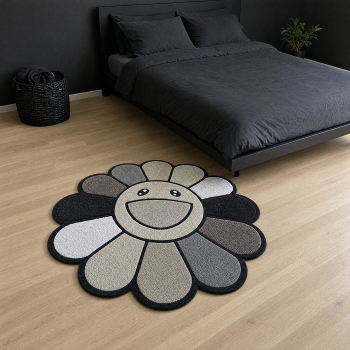 Grey Flower Rug - bedroom scale shot