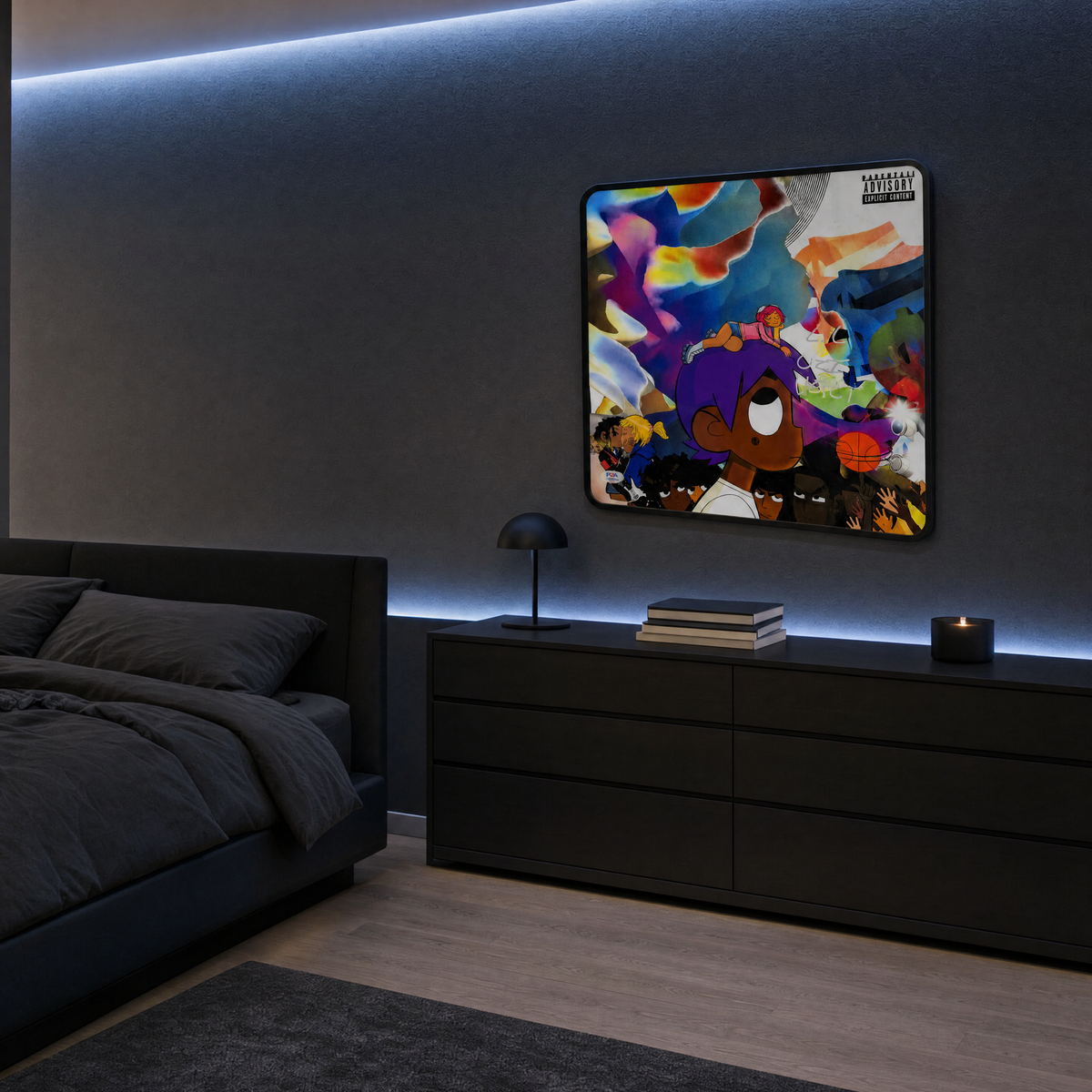 Uzi Wall Art - bedroom LED scene, wider angle